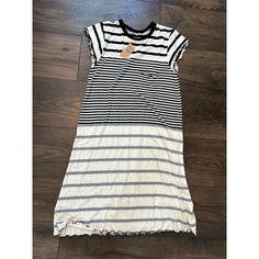 New With Tags Never Been Worn Striped Crew Neck Dresses For Spring, Cotton Dresses For Spring Layering, Casual Mini Dress With Striped Hem, Casual Summer Dress With Striped Hem, Casual Striped Hem Short Sleeve Dress, Spring Cotton Dress With Striped Hem, Casual Short Sleeve Dresses For Layering, Casual Blue Dress With Striped Hem, Casual Spring Dresses With Striped Hem