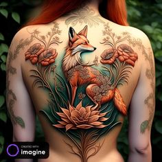 the back of a woman's body with tattoos and flowers on her upper half