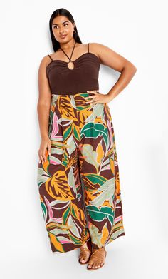 Embrace the gorgeous style of our Peta Print Pant. Designed with a high waisted fit, full length style and waist tie belt, dial up the drama of your go-to ensembles with these pants. Key Features Include: - Front zip and button closure - High waisted fit - Waist tie belt - Belt loop - Functional pockets - Full length Coordinate with a white top with flutter sleeves. | Plus Size Peta Print Cocoa Pant in Opulent Foligae, Size 14 | City Chic | Plus Size Peta Print Cocoa Pants in Opulent Foligae, Si Ginger Dress, Chic Plus Size, Print Pant, Gorgeous Style, Bitter Chocolate, Just My Size, Plus Size Pants, Plus Size Top, The Drama