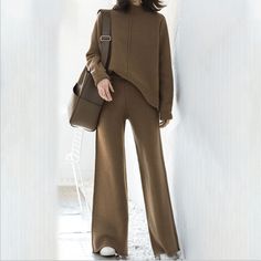 Genayooa Two Piece Set Pullover Sweater Tracksuit Women High Waist Knit Wide Leg Pants - Hot fashionista Korean Fashion Pants, Celana Fashion, Wide Leg Pant Suit, Knitted Suit, Pullover Outfit, Long Sleeve Knit Sweaters, High Neck Long Sleeve, Tracksuit Set, Elastic Waist Pants