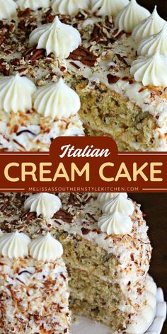 Here's an easy dessert idea! This Italian Cream Cake recipe features a thick toasted pecan and coconut-filled batter topped with a decadent cream cheese frosting. Serve this showstopper dessert on any occasion, and pin it for your sweet things to bake! Italian Cheese Cream Cake, Authentic Italian Cake Recipes, Italian Coconut Cream Cake, Italian Cake Recipes Easy, Italian Cream Cake Recipe Homemade, Best Cakes In The World, Best Ever Cake, Popular Cakes, Most Delicious Cake