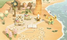 an image of a beach scene with flowers and books