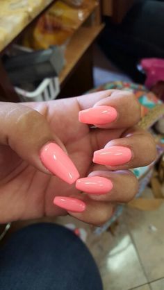 Coral Summer Coffin nails Coral Nails Coffin, Summer Ballerina Nails, Pink And Coral Nails, Coral Almond Nails, Summer Nails Coffin Shape, Coral Spring Nails, Vacation Nails Coffin, Coral Acrylic Nails, Salmon Nails