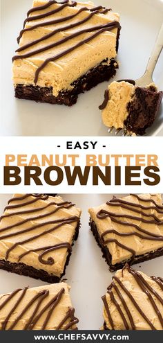 chocolate brownies with peanut butter frosting are on a white plate, and one is cut in half