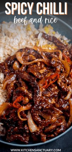 spicy chilli beef and rice in a pan with text overlay that says spicy chili beef and rice