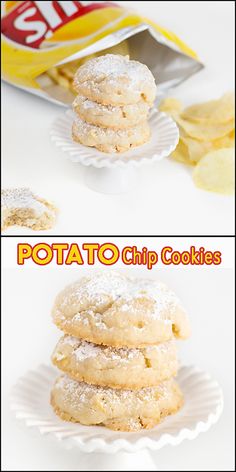 there are two pictures of some cookies on the same plate and one has potato chips in it