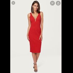 Sexy Low Plunge Red Bodycon Bebe Dress. Red V-neck Midi Dress For Night Out, Red V-neck Midi Dress For Date Night, Red Backless Midi Dress For Night Out, Red Backless Bodycon Dress For Date Night, Chic Red V-neck Bodycon Dress, Red V-neck Bodycon Mini Dress, Red V-neck Bodycon Dress For Date Night, Red V-neck Mini Dress For Club, Red Bodycon Dress For Date Night