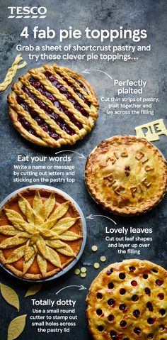 pies with different toppings are shown in this advertisement for tesco's pie topping