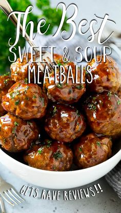 the best sweet and sour meatballs are served in a white bowl with a fork