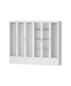 a white bookcase with three doors and two drawers on one side, in front of a white background