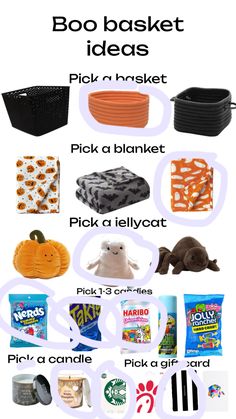 an image of various items that are labeled in the word boo baket ideas