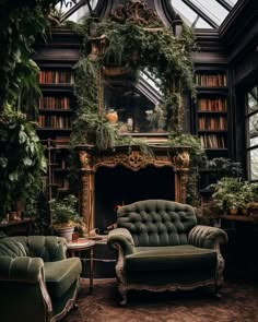 a living room filled with lots of furniture and bookshelves covered in greenery