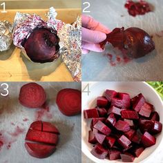 four pictures showing how to cut beets and then put them in tin foil on the cutting board