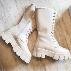 These Boots Are In Size 8 And Are From Nasty Gal. They Are Cream Color And Are In Excellent Condition. They Are Brand New And Have Never Been Worn. They Have A Thick Chunky Heel And Have Laces In The Front. There Is A Zipper On The Inside Of Each Boot Making It Easy To Put Them On And Take Them Off. They Are Lined With A Faux Shearling Material. The Outer Material Is Synthetic, And The Inner Material Is Textile. Heel Height Is 2.5 Inches / 6cm. Made By Truffle Collection Biker Boots, Chunky Heel, Lace Up Boots, Chunky Heels, Cream Color, Shoe Laces, Heel Height, Lace Up, Women Shoes