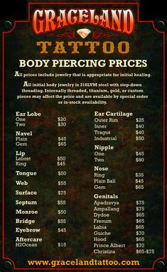 an advertisement for a tattoo parlor with prices on the front and back side of it