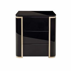 a black and gold side table with an open drawer on the bottom, in front of a white background