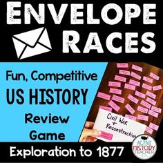 an envelope race with pink sticky notes on it and the words fun, competitive us history review game