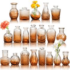 many different vases with flowers in them on a white background, including one orange and one yellow flower