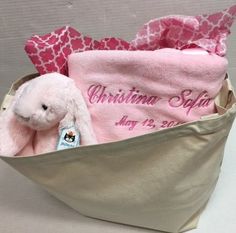 We are creating monogram and personalized baby blankets, personalized embroidered baby blankets with names for your newborn baby since 2003! Create your customized best baby blankets today! Pink Gift Basket, Lavender Bunny, Baby Gift Baskets, Canvas Gift Bag, Personalized Gift Baskets, Pink Crib