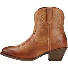 To give any look an instant dose of wild-west flair, we zip on the Ariat Darlin Western Bootie. The chunky heel gives us a little lift, while the built-in shank boosts support, and the removable insole pads our steps for a fit that helps fight fatigue. Constructed with premium leather, this pair molds to our feet, getting even more comfortable with every wear. Womens Ariat Boots, Burnt Sugar, Cowboy Ankle Boots, Ariat Boots, Western Ankle Boots, Tan Boots, Western Boots Women, Western Booties, Nice Leather