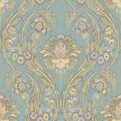 an ornate wallpaper design with flowers and leaves on blue, beige and green colors