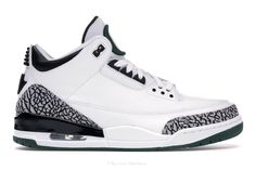 the air jordan 3 retro is in white and black with an animal print pattern on the upper