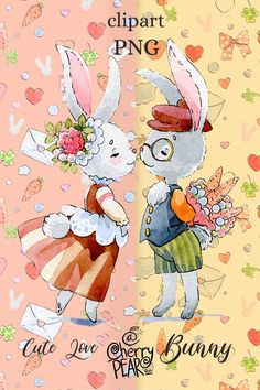 two rabbits are standing next to each other with flowers in their hair and one is holding a bouquet