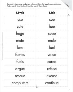 an english worksheet with the words u - e and ue