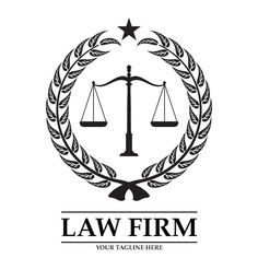 the law firm logo with an image of a scale and laurel wreath on top of it