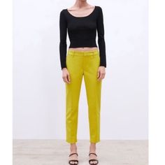 New With Tags. A Skinny, Form-Fitting Pant Featuring A Front Fly Closure And A Cropped Inseam. Slim Fit Pants For Spring Party, Green Slim Fit Bottoms For Spring, Zara Fitted Yellow Pants, Zara Stretch Dress Pants For Spring, Fitted Yellow Zara Pants, Satin Pajama Pants, Snake Print Pants, Zara Trousers, Printed Flare Pants