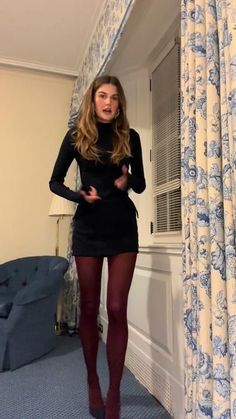 Holiday Party Dress Casual, Going Out Outfits Late 20s, Black Hair Outfits Aesthetic, Extra Winter Outfits, Night Out In San Francisco Outfit, Maroon Stockings Outfit, Christmas Party Outfits Winter, Semi Formal Winter Dresses, Holiday Going Out Outfits