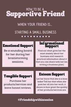 The title of the pin: How to Be A Supportive Friend When Your Friend Is Newly Engaged. 4 pink boxes with the following: 1. Emotional Support: Be a sounding board for her during her brainstorming sessions. 2.:Informational Support: Find out what gives her the most anxiety about her business and research practical information about it. 3. Tangible Support: Purchase her products/services and leave honest reviews. 4. Esteem Support: Let her know that she is a boss babe! Writing A Business Plan, Supportive Friends, Friend Friendship, Emotional Support, Practical Advice, Tell Her, Need You, The Four, Business Planning