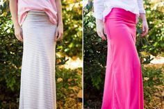 two women in long skirts are standing next to each other and one is wearing a white shirt