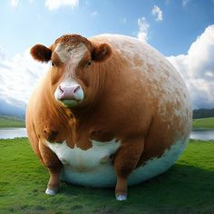 a large brown and white cow sitting on top of a lush green field next to a lake