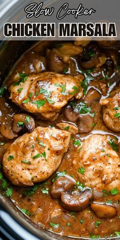 slow cooker chicken marsala with mushrooms and parsley in a crock pot