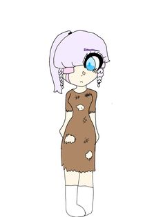 a drawing of a girl with pink hair and blue eyes, wearing a brown dress