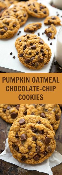 pumpkin oatmeal chocolate - chip cookies on a baking sheet with milk in the background