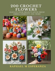 the book is about crochet flowers with pictures of them in different colors and sizes