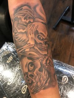 Hear no evil see no evil speak no evil skulls black and grey tattoos Skulls Forearm Tattoo, Half Sleeve Tattoos For Men Upper Arm Black, Skull Arm Tattoo Men, Female Tattoo Quotes, Men’s Tattoos Forearm, Tattoo Ideas For Men Upper Arm, Black Men Arm Tattoos, Forearm Tattoo Ideas Men, Inside Forearm Tattoo For Men