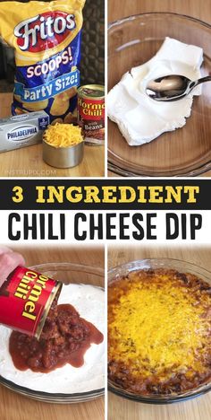 the ingredients for three ingredient chili cheese dip are shown in this collage with text overlay