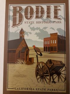 a poster with a bird sitting on top of a wagon