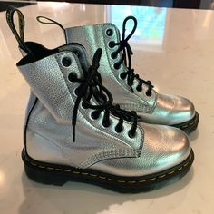 Just In Time For The Olypics! Doc Marten Never Worn Silver Boots. Sz. Us 5. Metallac Silver With Black Laces. Silver Boots, Doc Marten, Dr Martens Shoes, Martens Shoes, Doc Martens, Black Laces, Just In Time, Lace Up Boots, In Time