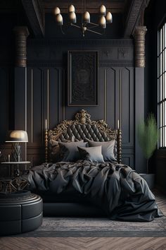 a bedroom with black walls and wooden flooring has a large bed in the middle