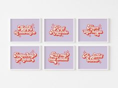 four square pieces of paper with the words love in red and pink on purple background