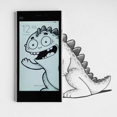 a drawing of a cartoon character next to an iphone with the image of a dinosaur on it