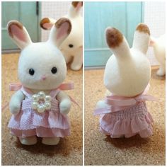 two pictures of a stuffed rabbit in a pink dress