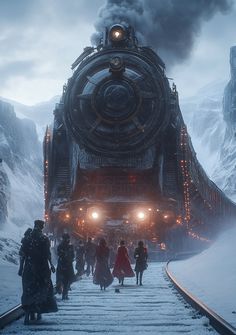 people are walking towards a train in the middle of snowy mountains and snow covered hills