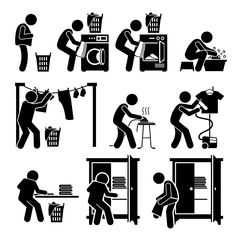 black and white silhouettes of people doing different things in the house, including laundry