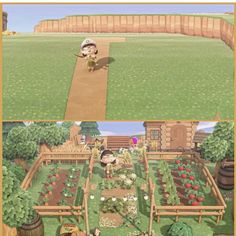 the garden in animal crossing is full of plants and vegetables, while another shows an image of