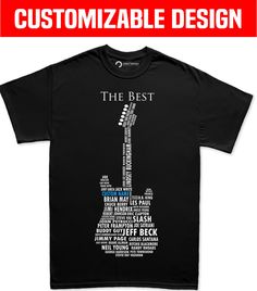 a black t - shirt with the words on it and an image of a guitar